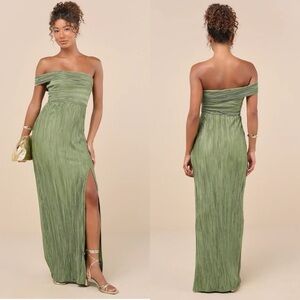 NWT Lulu’s Poised Performance Chartreuse Plisse One-Shoulder Maxi Dress Size XXL